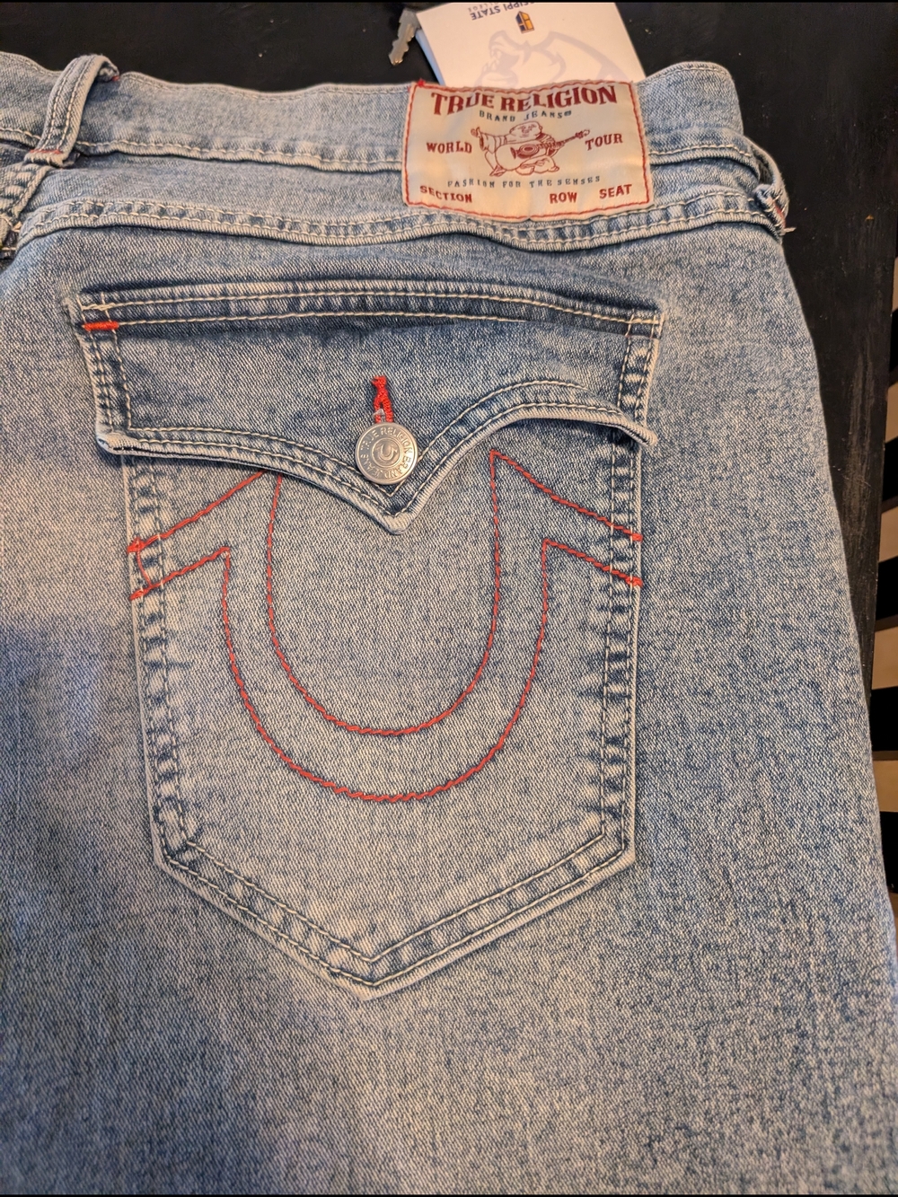 True Religion Women’s Light Blue Denim Jeans with Red Stitching